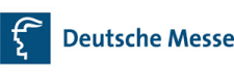 Deutsche Messe Logo. Blue font on white background. On left hand side is blue box with white lining