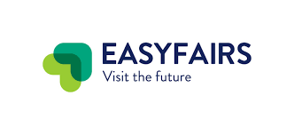 Easyfaires logo. Has the motto Visit the future under the name. On the left hand sie is 2 hinge like shapes in different shades of green 