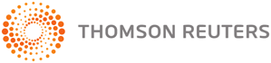 Thomson Reuters logo. White background grey text. Left hand side orange dotted spiral logo