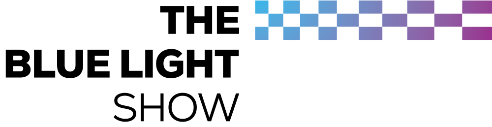 Blue Light Show Logo - dark, white, dates, landscape
