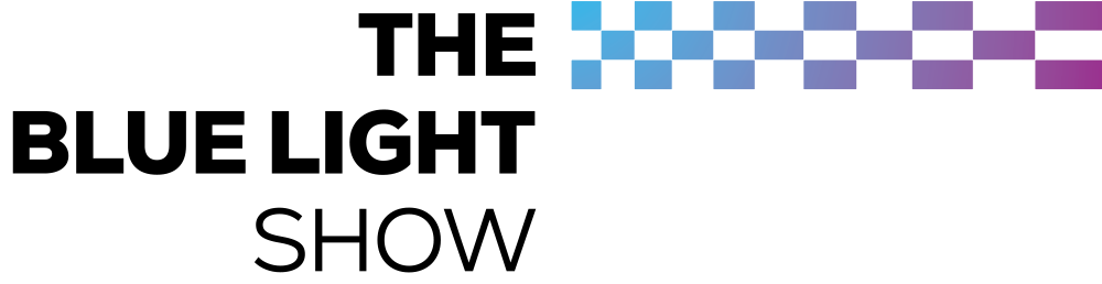 Blue Light Show Logo - dark, white, landscape
