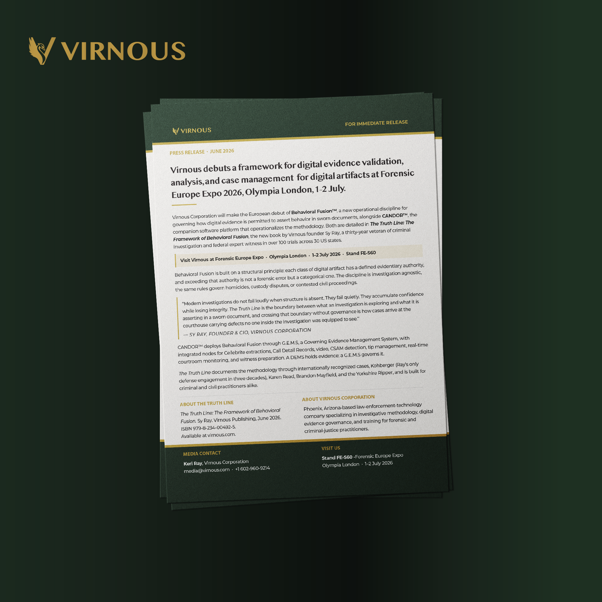 Virnous debuts a framework for digital evidence validation, analysis, and case management  for digital artifacts at Forensic Europe Expo 2026, Olympia London, 1–2 July.