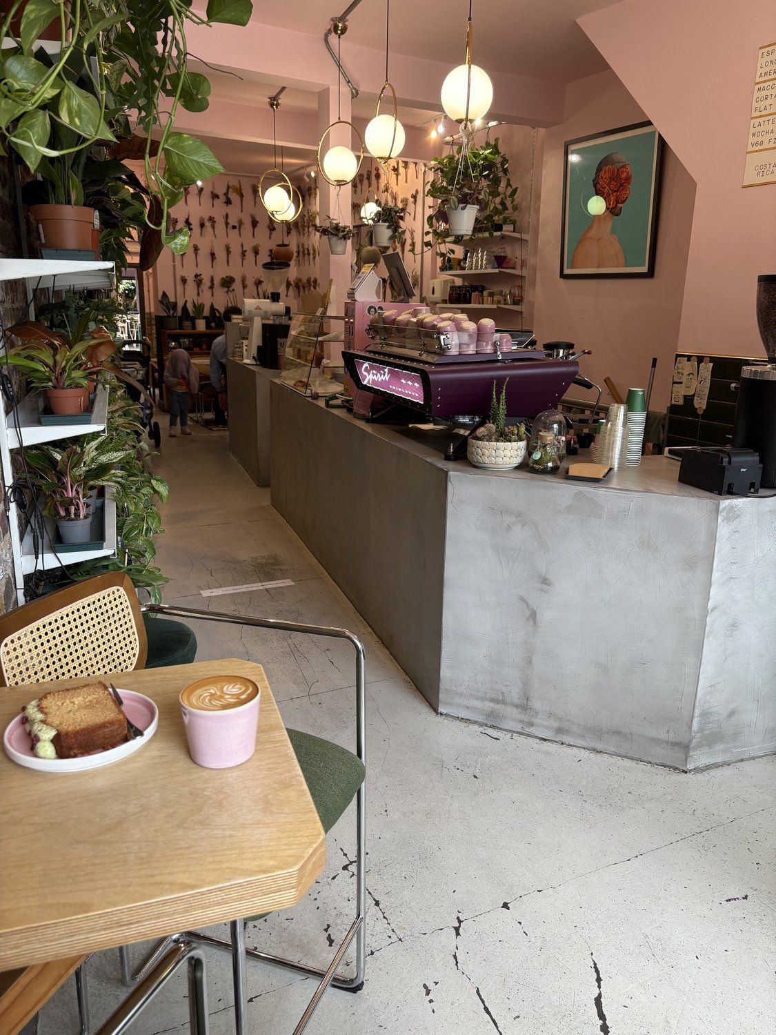 Interior of an independent coffee shop with an espresso machine and plants