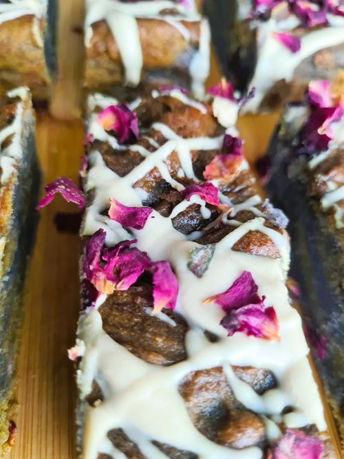 Matcha, Blue Matcha, Banana and Rose Petals Tray Bake